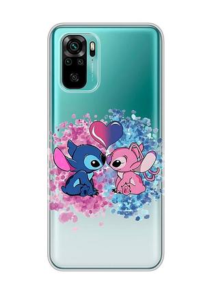 Прозрачный чехол на xiaomi redmi note 10 / note 10s стич и ангел (принт 391)