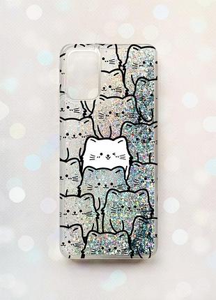 Чехол с плавающими блестками на samsung galaxy a03s (a037) серебряный котики (принт 392)