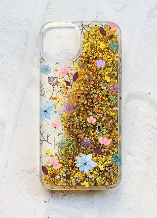 Чохол із плаваючими блискітками на iphone 13 золотий :: квітковий фон (принт 267)