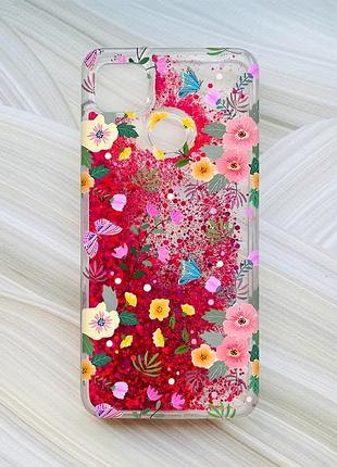 Чехол с плавающими блестками на xiaomi redmi 9c / 10a розовый :: цветочный фон (принт 369)