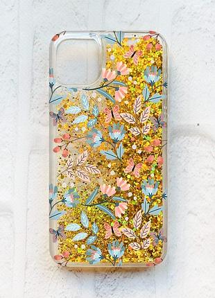 Чехол с плавающими блестками на iphone 11 золотой :: цветочный фон (принт 370)