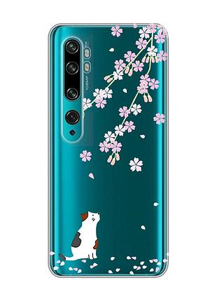 Прозорий чохол на xiaomi mi note 10/note 10 pro :: котик і сакура (принт 283)