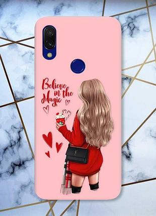 Матовый чехол с розовыми боками на xiaomi redmi 7 :: девушка с кофе /принт 137/