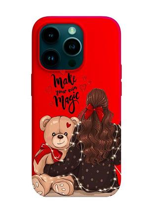 Матовий червоний чохол на apple iphone 14 pro :: дівчина з ведмедиком (принт 188)