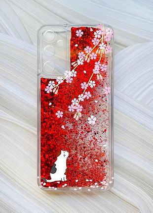 Чохол з плаваючими блискітками на samsung galaxy a05s (a057) червоний котик і сакура (принт 283)