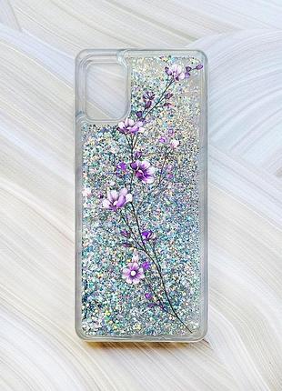 Чехол с плавающими блестками на samsung galaxy a31 серебристый веточка цветов (принт 278)