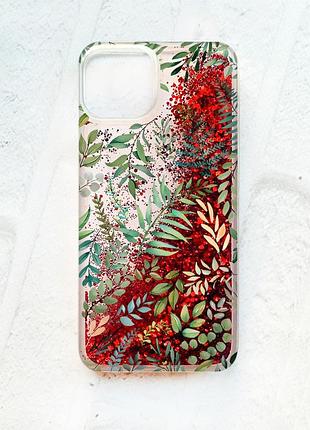 Чехол с плавающими блестками на iphone 13 красный :: растительный фон (принт 377)