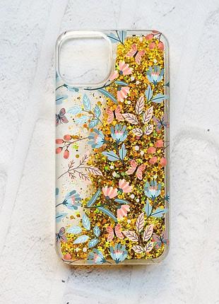 Чохол із плаваючими блискітками на iphone 14 золотий :: квітковий фон (принт 370)