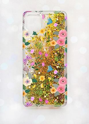 Чехол с плавающими блестками samsung a12 золотой :: цветочный фон (принт 369)