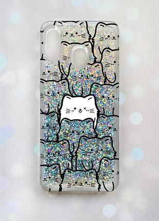 Чехол с плавающими блестками на samsung galaxy a30(2019) a305/a20 серебро котики (принт 392)