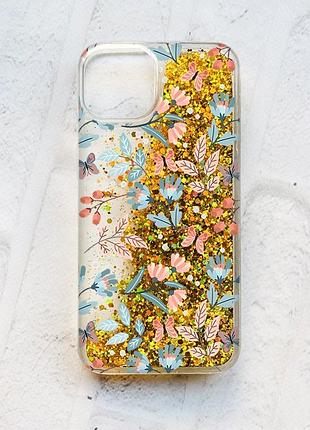 Чехол с плавающими блестками на iphone 13 золотой :: цветочный фон (принт 370)
