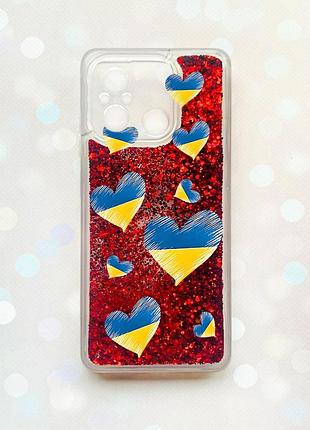 Чехол с плавающими блестками на xiaomi redmi 12c красный :: сердечка. украина (принт 258)