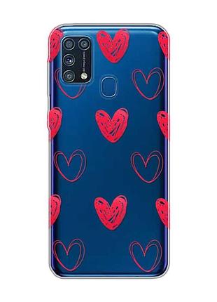Прозорий чохол на samsung galaxy m31 :: сердечка червоні (принт 77)