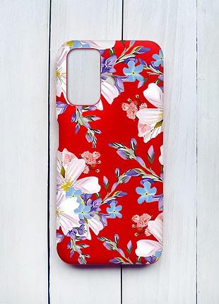 Матовый чехол на xiaomi redmi 9t красный :: цветочный рисунок (принт 272)
