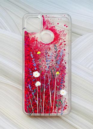 Чехол с плавающими блестками на xiaomi redmi 9c / 10a розовый полевые цветы (принт 270)