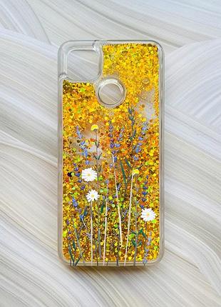 Чехол с плавающими блестками на xiaomi redmi 9c / 10a золотой полевые цветы (принт 270)