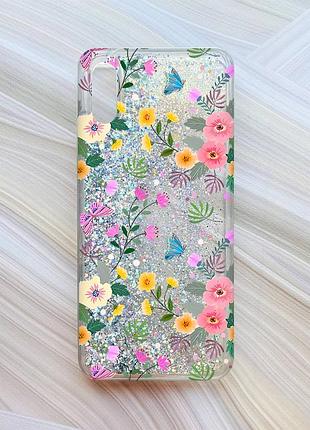 Чохол з плаваючими блискітками на xiaomi redmi 9a срібло :: квітковий фон (принт 369)