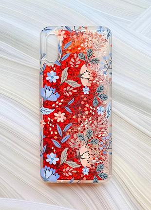 Чехол с плавающими блестками на xiaomi redmi 9a красный :: цветочный фон (принт 371)