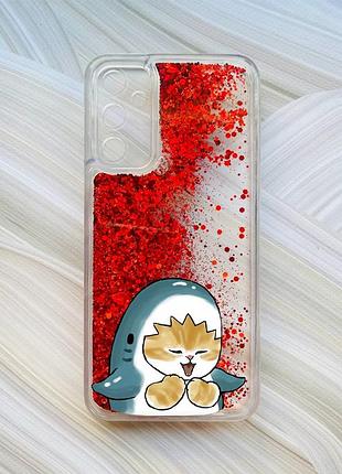 Чехол с плавающими блестками на samsung galaxy a24 (a245) красный :: котёнок акула (принт 376)