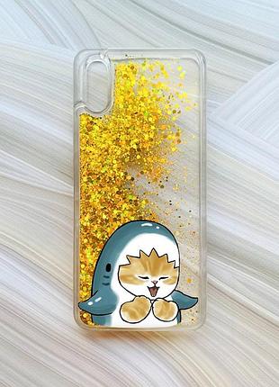 Чохол з плаваючими блискітками на xiaomi redmi 9a золотий :: котик акула (принт 376)