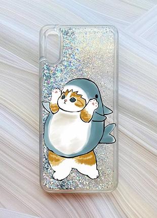 Чехол с плавающими блестками на xiaomi redmi 9a серебристый :: котенок акула (принт 379)