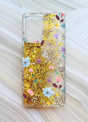 Чехол с плавающими блестками для xiaomi redmi note 10 pro/10 pro max золотой цветочный фон (принт 267)