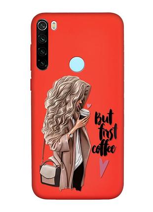 Матовий червоний чохол на xiaomi redmi note 8t :: дівчина з кавою (принт 114)