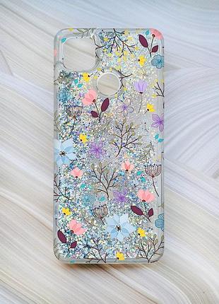 Чехол с плавающими блестками для xiaomi redmi 9c / 10a серебро цветочный фон (принт 267)