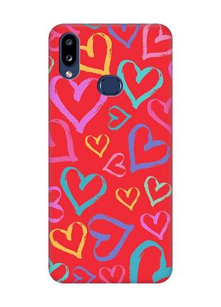 Матовый красный чехол на samsung galaxy a10s (a107) :: разноцветные сердечка (принт 332)