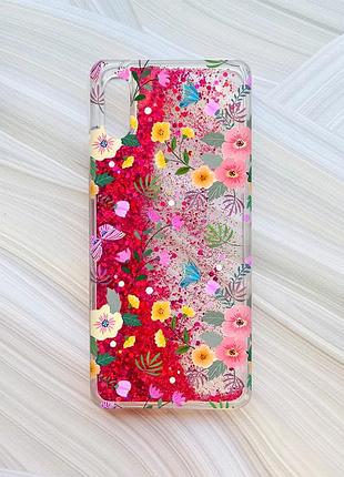 Чехол с плавающими блестками на xiaomi redmi 9a розовый :: цветочный фон (принт 369)