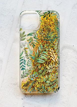 Чехол с плавающими блестками на iphone 14 золотой :: растительный фон (принт 377)