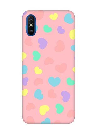 Матовый розовый чехол на xiaomi redmi 9a :: разноцветные сердечка (принт 335)