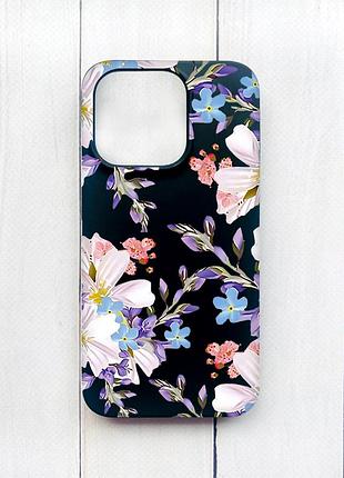 Матовый черный чехол на iphone 15 plus цветочный рисунок (принт 272)