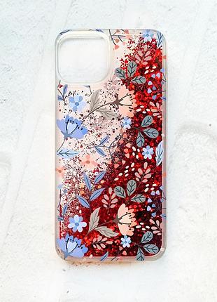 Чехол с плавающими блестками на iphone 14 красный :: цветочный фон (принт 371)