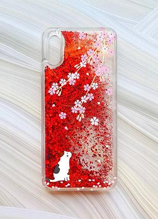 Чехол с плавающими блестками на xiaomi redmi 9a красный котик и сакура (принт 283)