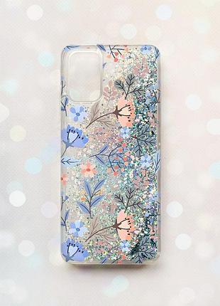 Чехол с плавающими блестками на samsung galaxy a03s (a037) серебряный :: цветочный фон (принт 371)