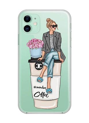 Прозрачный чехол на iphone 11 :: девушка на кофе (принт 228)