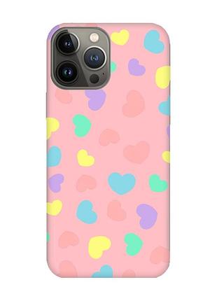 Матовый розовый чехол на iphone 13 pro :: разноцветные сердечка (принт 335)