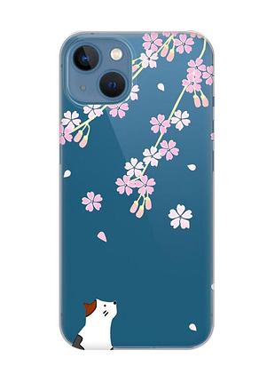 Прозрачный чехол на iphone 13 :: котик и сакура (принт 283)