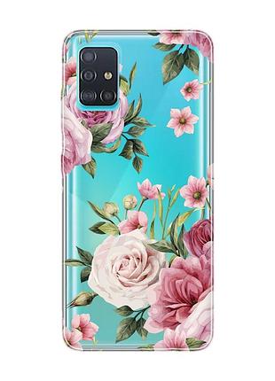 Прозрачный чехол на samsung galaxy a51 розовые цветы (принт 287)