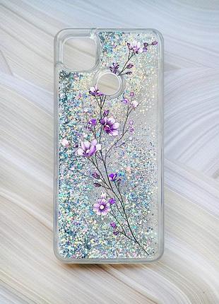 Чехол с плавающими блестками на xiaomi redmi 9c / 10a серебро веточка цветов (принт 278)