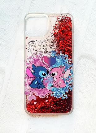 Чехол с плавающими блестками на iphone 14 красный стич и ангел (принт 391)