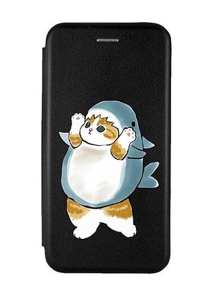 Чохол-книжка з малюнком для samsung galaxy a12 чорний :: котик акула (принт 379)