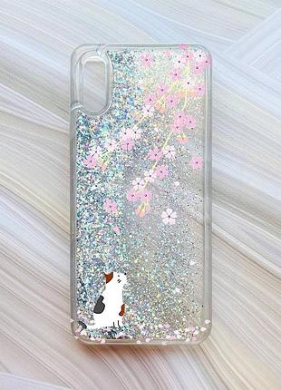 Чехол с плавающими блестками на xiaomi redmi 9a серебристый котик и сакура (принт 283)