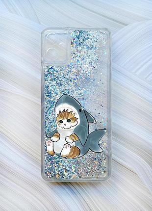 Чехол с плавающими блестками на samsung galaxy a05 (a055) серебристый котёнок (принт 120)