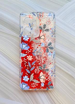 Чехол с плавающими красными блестками на xiaomi redmi note 12 4g цветочный фон (принт 371)