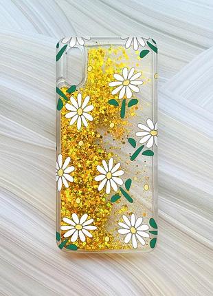 Чехол с плавающими блестками на xiaomi redmi 9a золотой :: ромашки (принт 368)