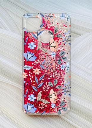 Чехол с плавающими блестками на xiaomi redmi 9c / 10a розовый :: цветочный фон (принт 371)