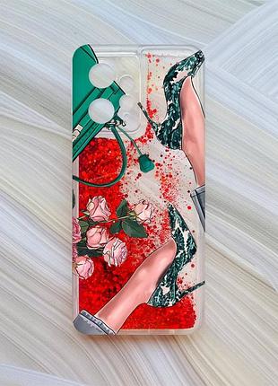 Чехол с плавающими красными блестками на xiaomi redmi note 12 4g туфельки и цветы (принт 225)
