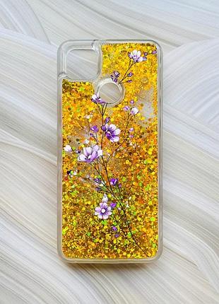 Чехол с плавающими блестками на xiaomi redmi 9c / 10a золотой веточка цветов (принт 278)